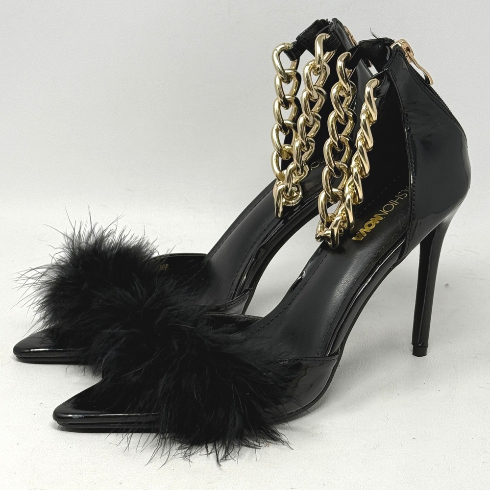 Fashion Nova Carol Black 4" Heels Feathers Gold Chain 9 Sleaze Hooker Tramp Vamp